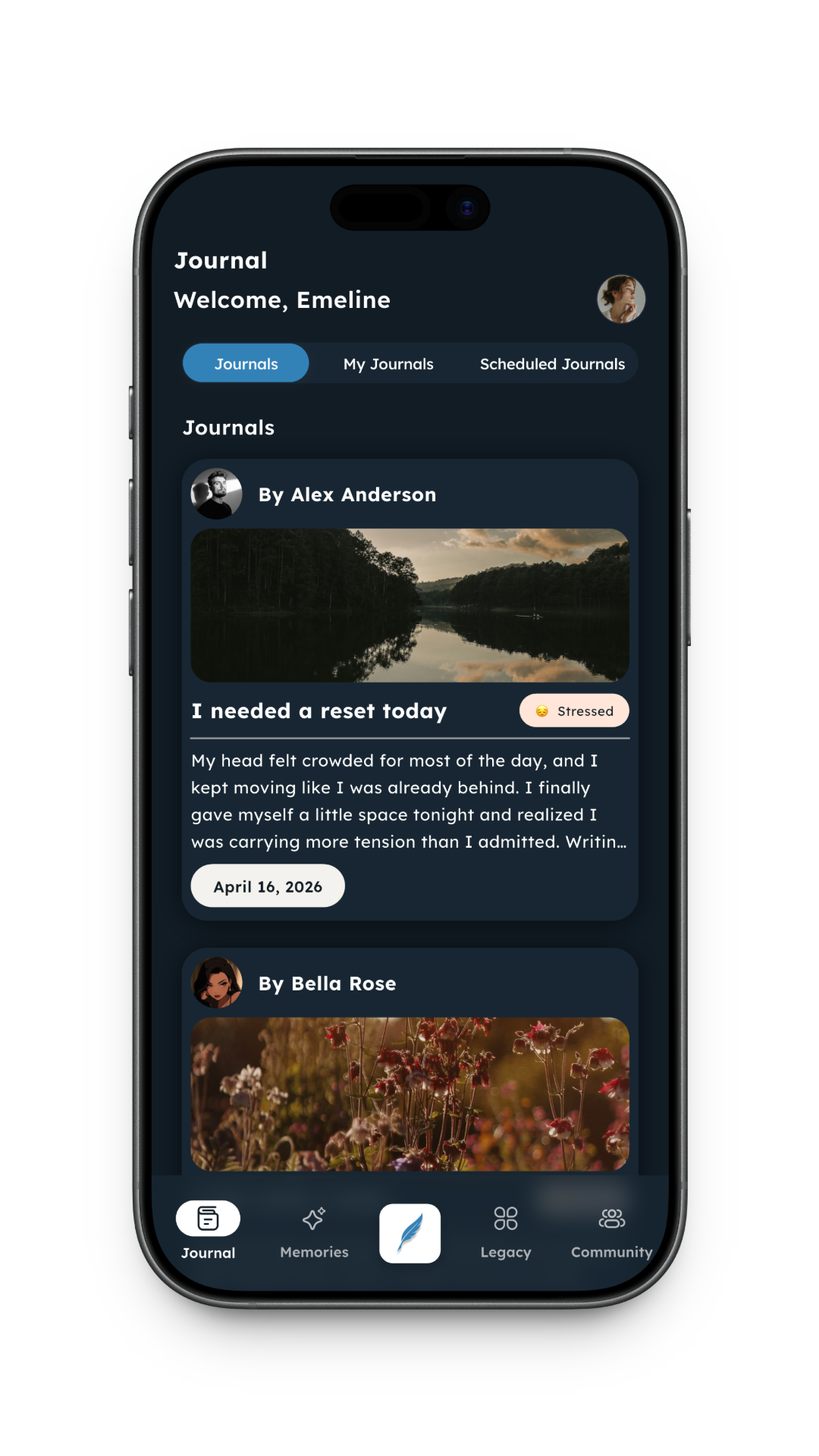 Collin journal feed screen in dark mode.