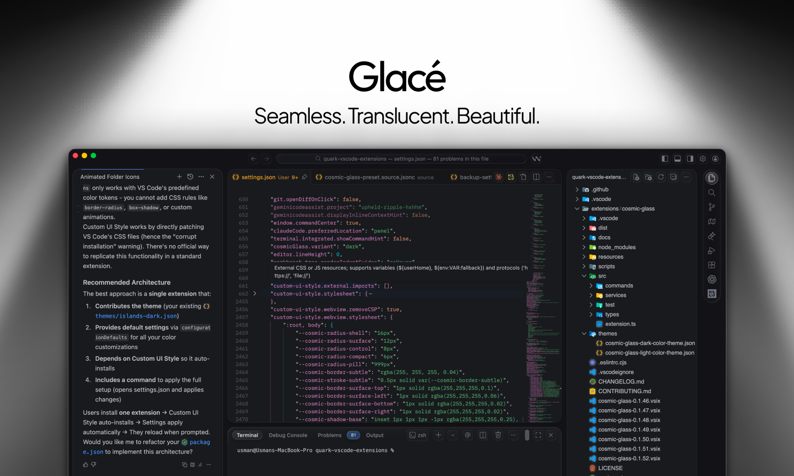 Glace VS Code theme showcase.