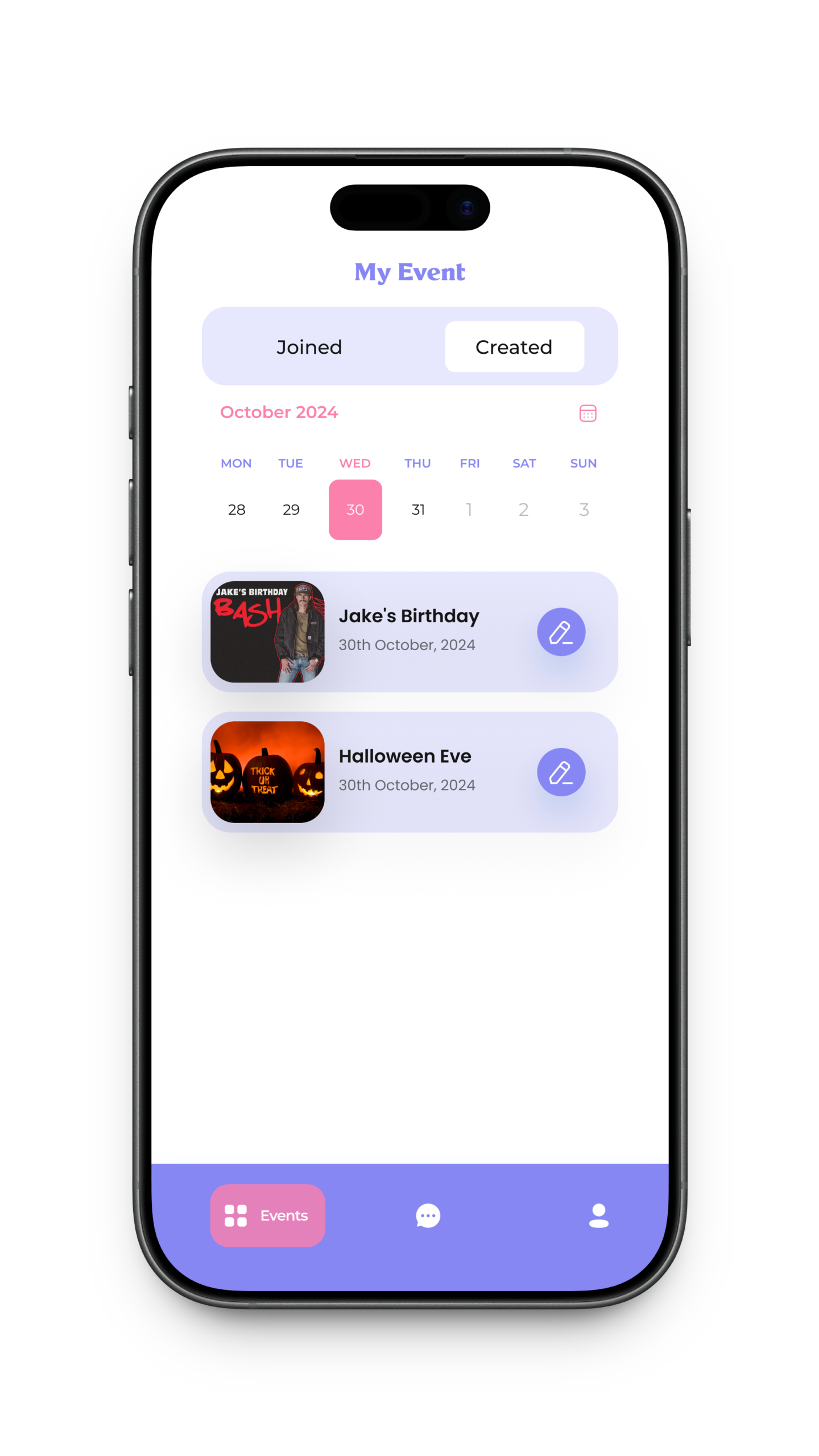 Kovered created events dashboard screen in a device frame.